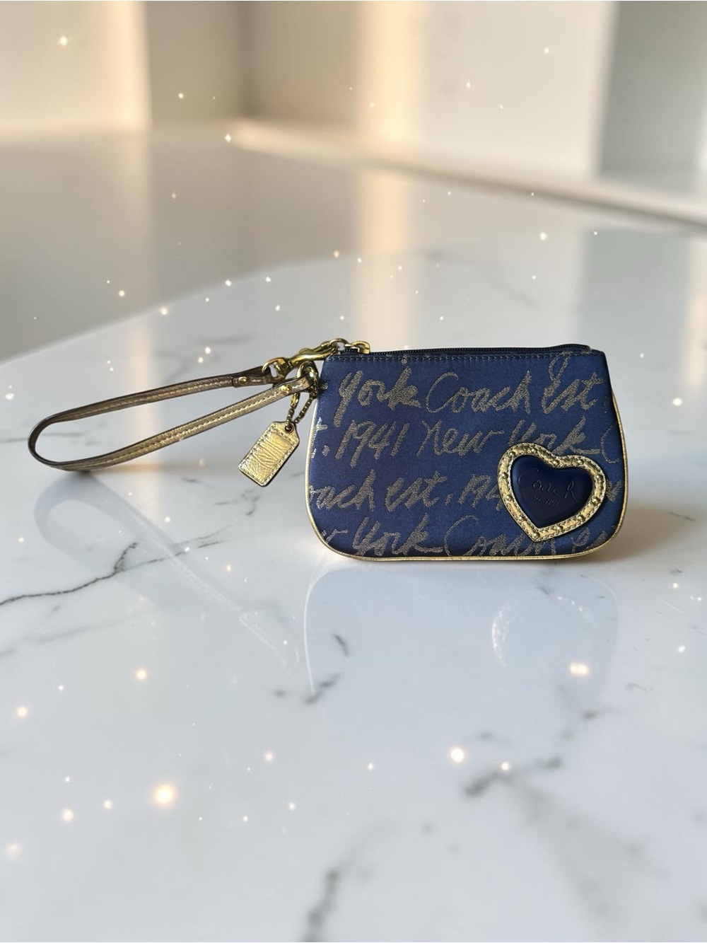 Coach Navy Wristlet with Gold Script and Heart Accent EUC